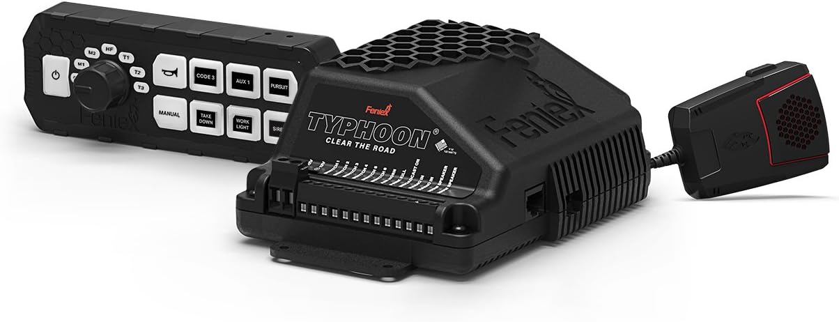 Feniex Typhoon Full Function 100 Watt Siren Controller | 36 Siren Tones, Included PA Mic | Universal Compatibility |8 Backlit Buttons, x6 5-Amp Aux Outputs, Ultra Rugged | Emergency Vehicle Controller