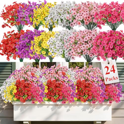 Alupssuc 24 Bundles Artificial Flowers for Outdoors Decoration, UV Resistant Silk Faux Daisy Flora Spring Fake Plastic Plants Greenery for Outside Indoor Yard Home Porch Window Box image 3