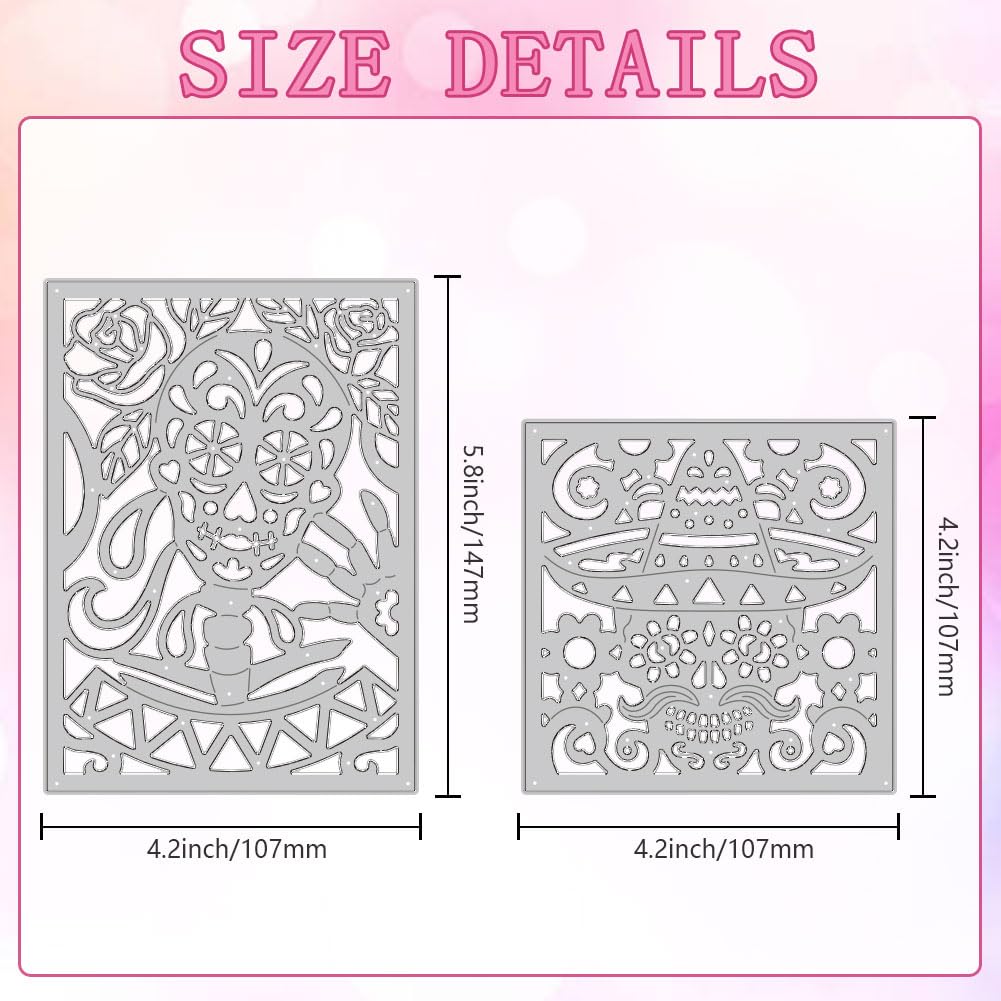 DELORIGIN Day of The Dead Skull Die Cuts for Card Making, Carbon Steel Die Cuts Skeleton Background Frame Stencils Scrapbooking Embossing Template Dies for Halloween Crafting DIY Photo Album Paper - Image 2