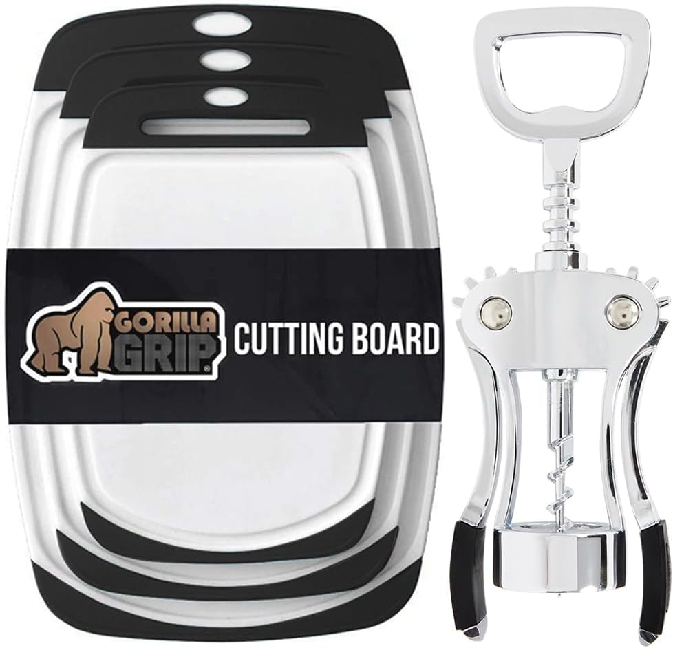 Gorilla Grip Cutting Board Set of 3 and Wine Opener, Cutting Boards are Reversible, Wine Opener is Winged, Both in Black, 2 Item Bundle