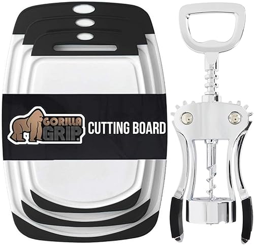 Gorilla Grip Juego de 3 tablas de cortar y abridor de vino, las tablas de cortar son reversibles, el abridor de vino tiene alas, ambos en negro,