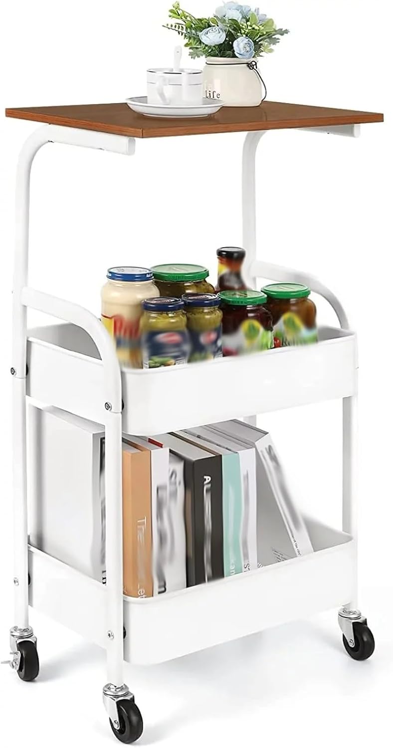 3-Tier Kitchen Rolling 16.54" Storage Cart with Wooden Tabletop, White