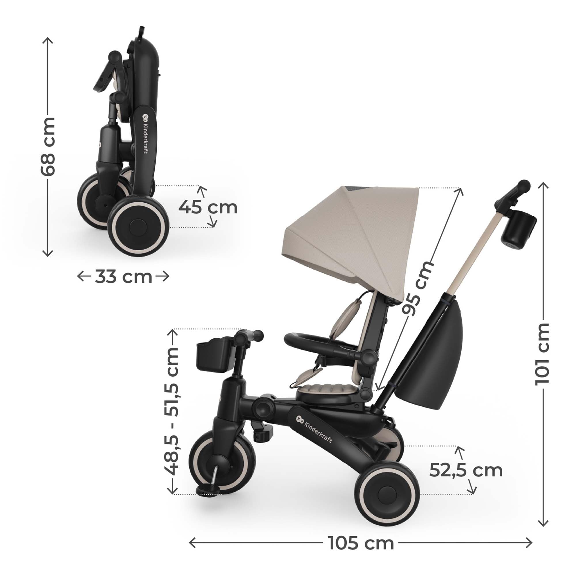 Kinderkraft Jazz 3 Triciclo, Asiento Giratorio 360°, posición semirreclinada, Plegable, Capota UPF 50+, Manillar para Padres, función de Bicicleta de Equilibrio, Beige