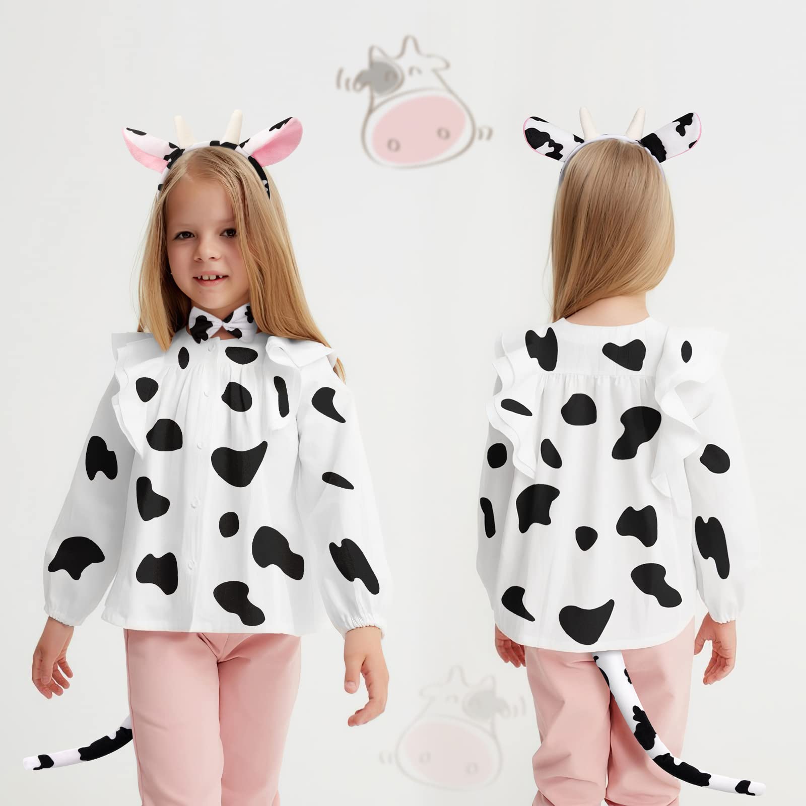 Aoriher Set Di 4 Accessori Per Costume Da Mucca: Fascia Con Orecchie E Corna, Naso, Coda E Papillon, In Flanella, Per Bambini E Adulti, Per Carnevale E Halloween - 5