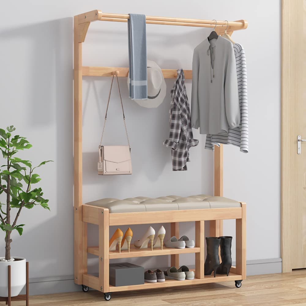 MYUYEE Coat Rack Shoe Bench For Entryway With Storage Orga, 3 In 1 Design Freestanding Hall Tree Wood Furniture With 3 Hanger Hooks And 2 Upper Shelf(C-60X30X170Cm)