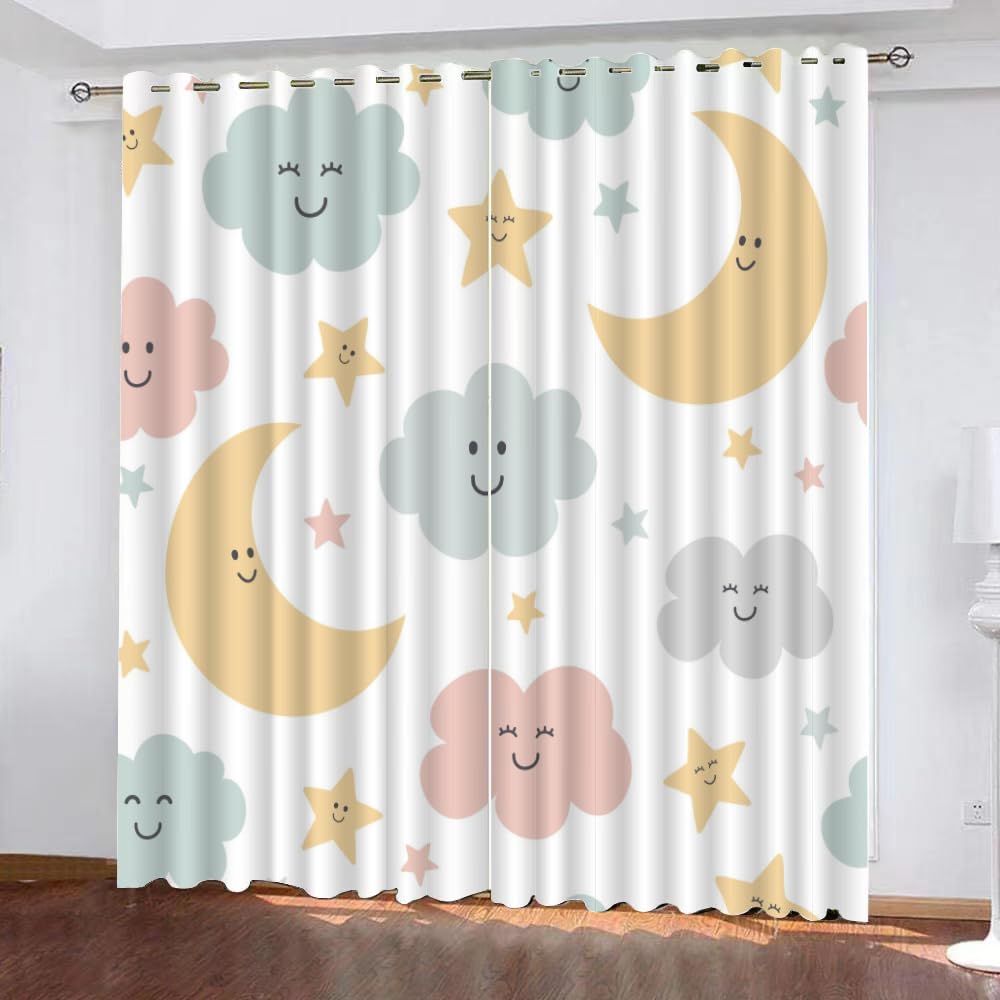 3D étoiles Lune Rideau Occultant Jolis Nuages Isolant Thermique Rideaux Chambre Rideaux À Oeillets Anti Bruit 140x240cm 2 Panneaux pour Fille Garcon d'enfant