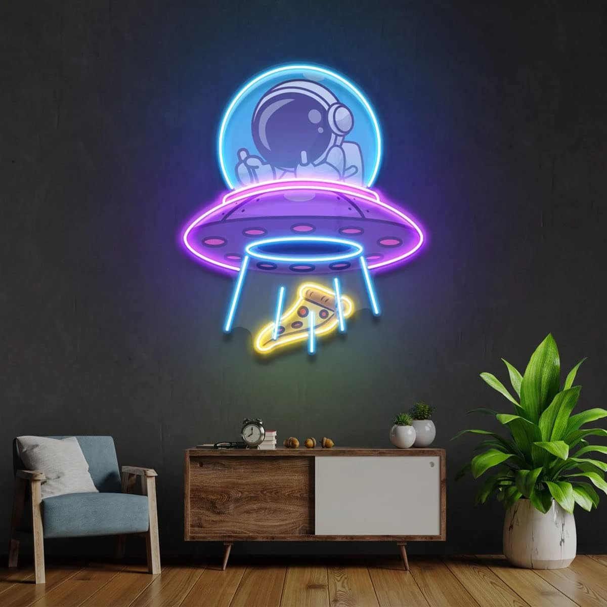 UFO Astronaut Pizza Neon Signs 19.7" Led Space Astronaut Neon Signs for Wall Decor Restaurant Game Room Bedroom Party Decoration Light Sign
