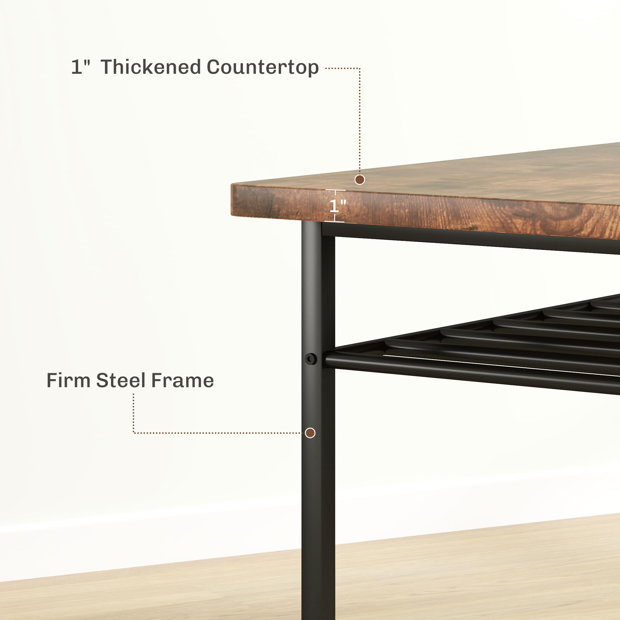 Juego de mesa de comedor de 3 piezas para 2, mesa de cocina pequeña y sillas con estante de almacenamiento integrado y marco de acero, para rincón de desayuno y espacio pequeño, marrón rústico 6