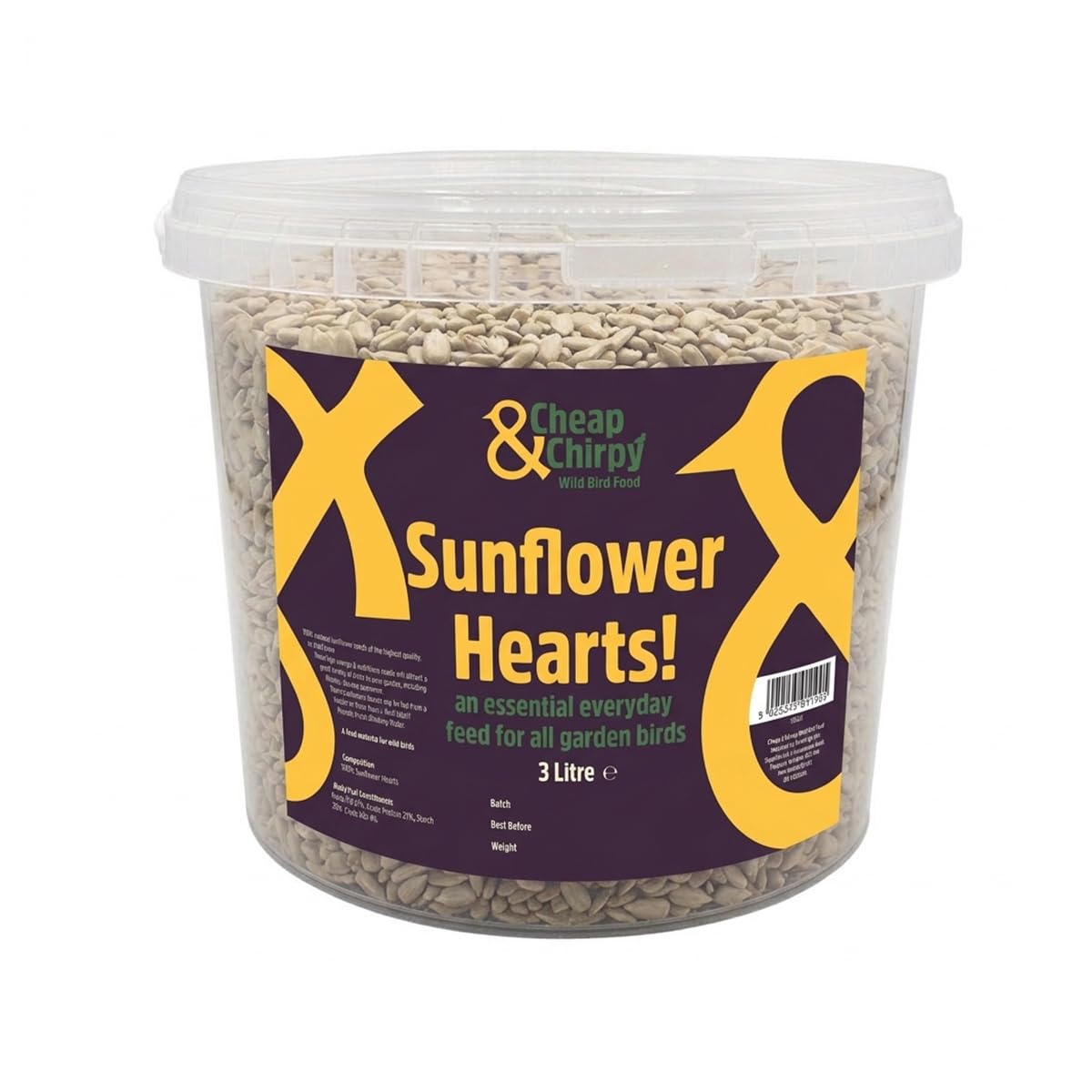Cheap & Chirpy Sunflower Hearts Bird Food - 3 Litre Tub - Bird Feed Sunflower Seeds For Birds - Squirrel Feed