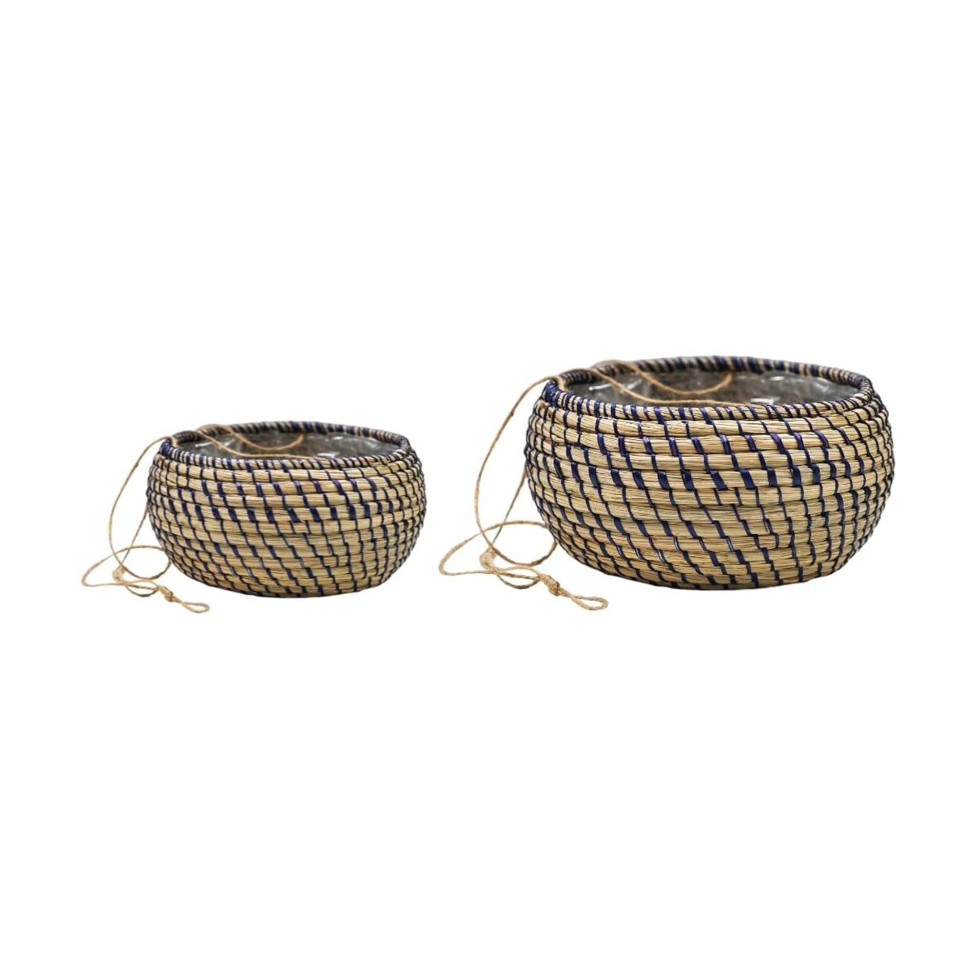 Ivyline Set of 2 Hanging Seagrass Planters in Navy - Waterproof and Handmade - Indoor Hanging Basket for Houseplants - Small D14cm and Large D16cm