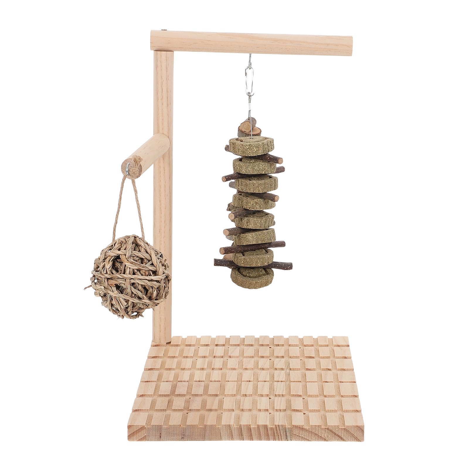 HEMOTON Rabbit Wooden Scratch Board with Hanging Grass Ball for Guinea Pigs and Chinchillas, Interactive Enrichment and Teeth Grinding Activity Stand, Small Animal Chew 33x26.6x20cm