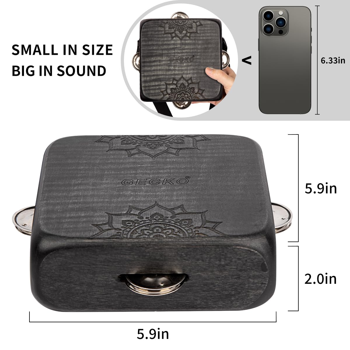 Tamburin Cajon Drum mit Schellen, tragbarer Gurt, Aufbewahrungstasche, Handheld Percussion Instrument, Portable Cajon für Rhythmusübungen & Live-Auftritte (Schwarz)