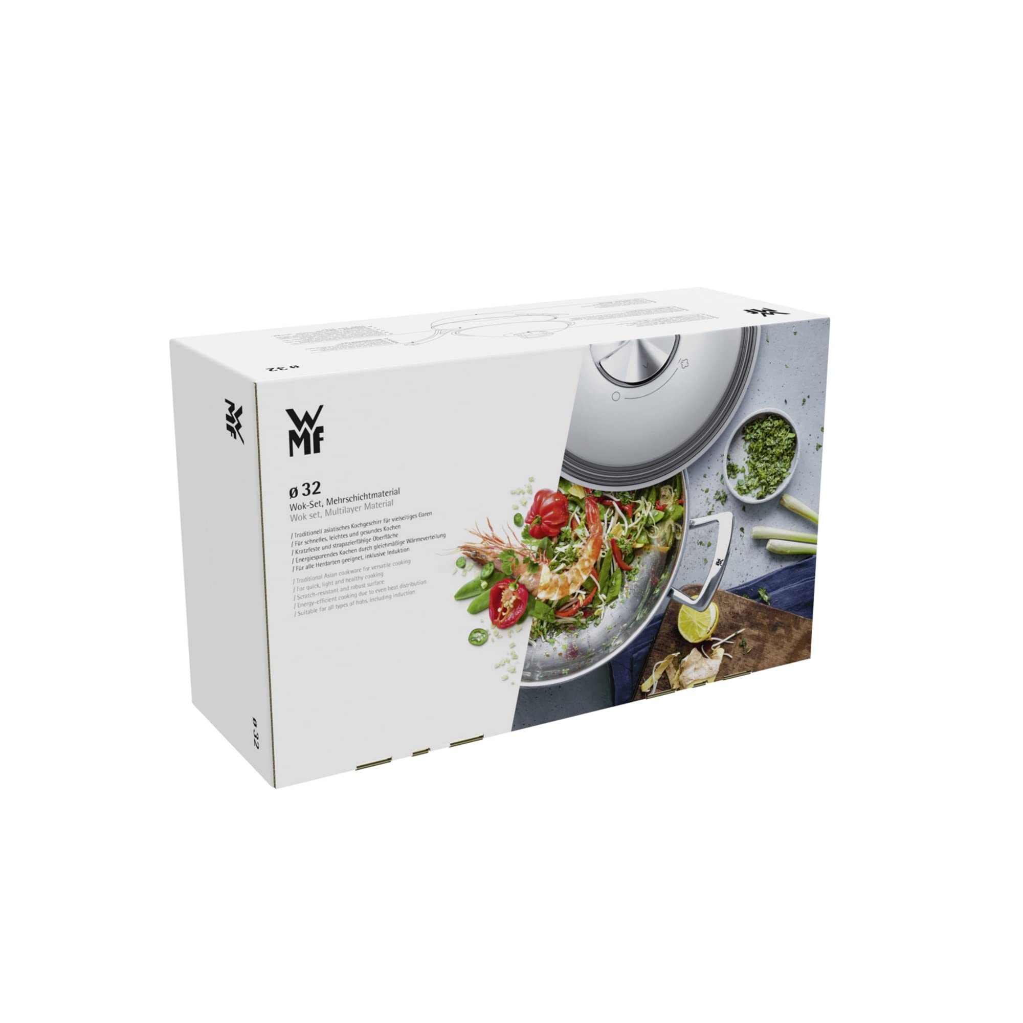 WMF 0753516040 Wok Multiply con Coperchio in Metallo, 32 cm, Acciaio Inox, Argento, 36 x 60 x 21 cm