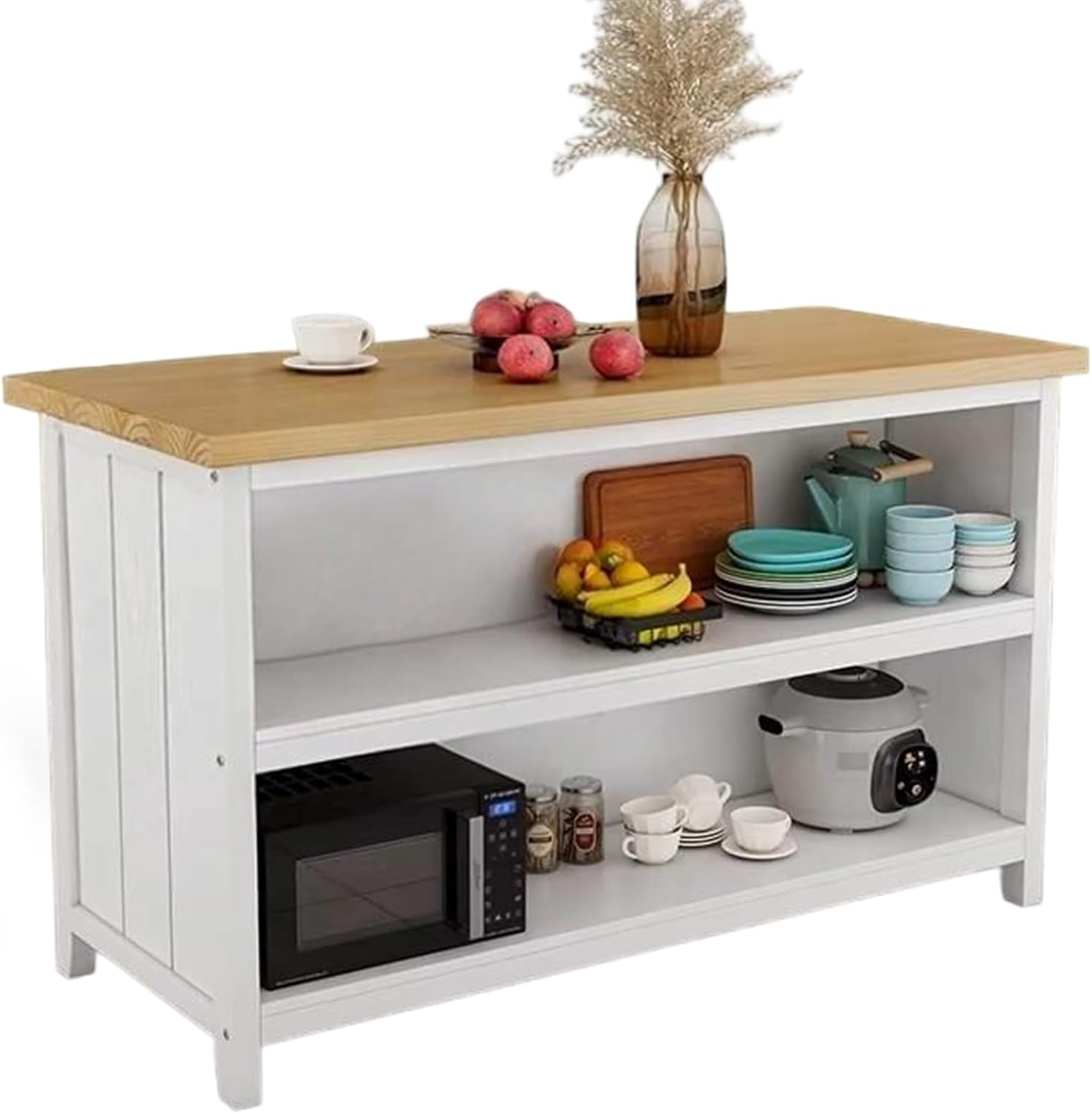 Storage Trolley Wood Kitchen Island Top White Frame 2-Tier Open Shelves Storage Shelving Organizer(Medium)