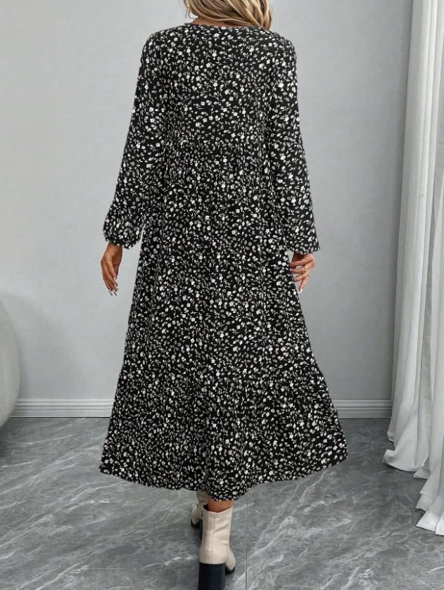 Women's Autumn Long-Sleeved Round-Neck Pleated Floral Dress a Casual and Flowing Long Dress - Image 2