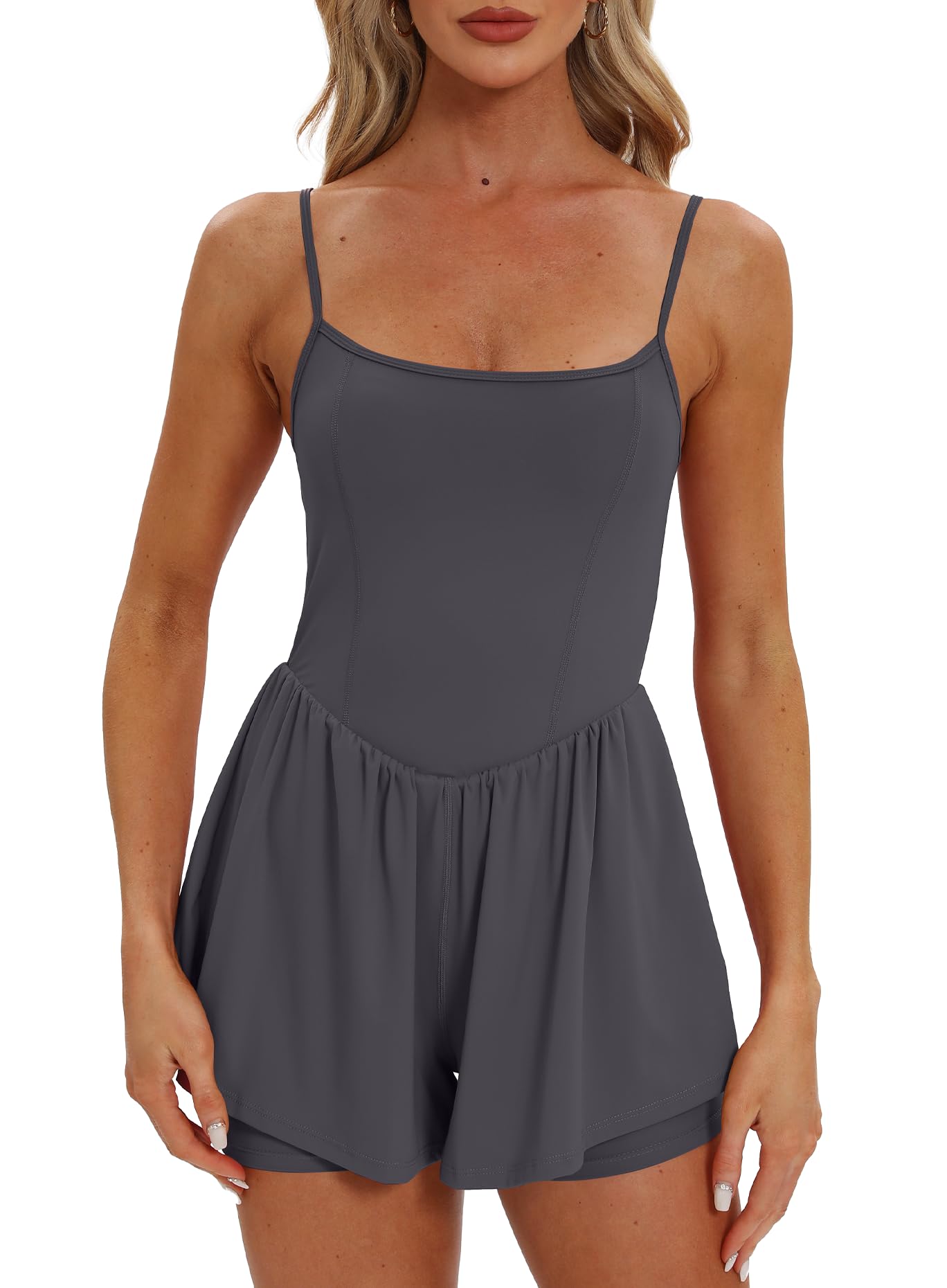 Beaully Women's Summer Sleeveless Athletic Rompers Spaghetti Strap Double Lined Shorts Jumpsuit One Piece Outfits