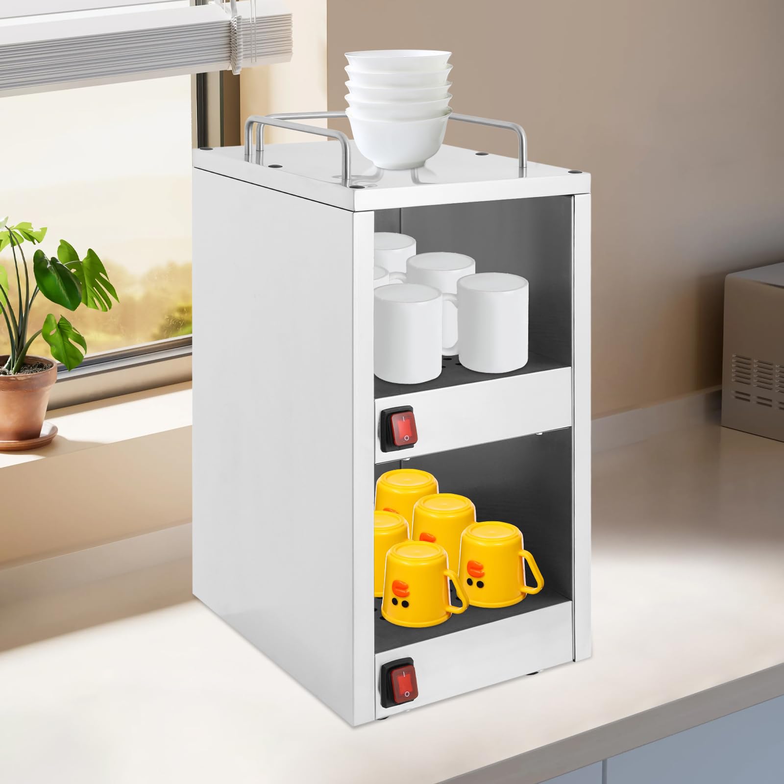Calentador de tazas profesional de acero inoxidable con compartimentos térmicos de dos niveles, calentador de platos, calentador de platos eléctrico, vitrina caliente para gastronomía, 25 x 32 x 55,5