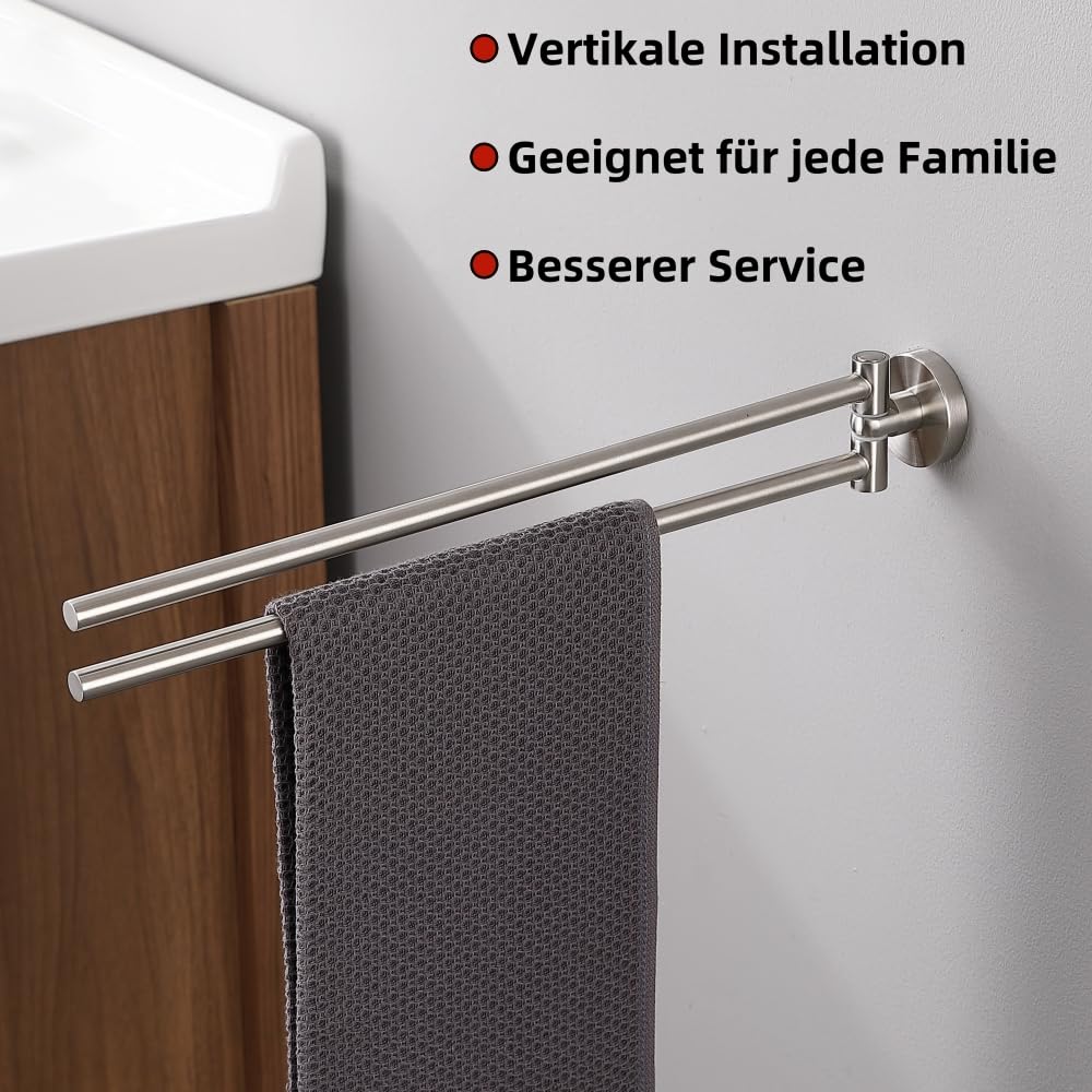 Porte‑Serviettes Pivotant à Deux Bras, Porte‑Serviettes Mural Acier Inoxydable SUS304, Rotation 180° Gain de Place Finition Brossé, H91201D