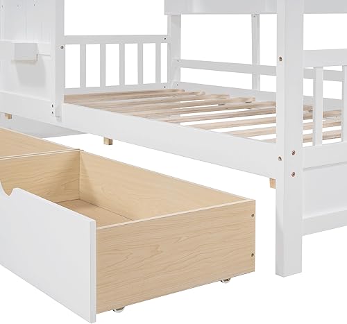 Miniatura 162 de Cama de casa de tamaño individual con 2 cajones, marco de cama de madera y barandilla de seguridad. Ahorra espacio, ideal para el dormitorio de un