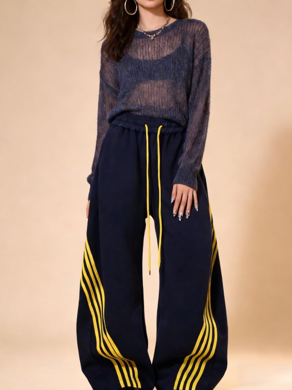 EMMIOL Women’s Y2K Baggy Striped Sweatpants, High Waisted Wide Leg Barrel Pants, Joggers with Drawstring Waist and Cuffs - Image 5