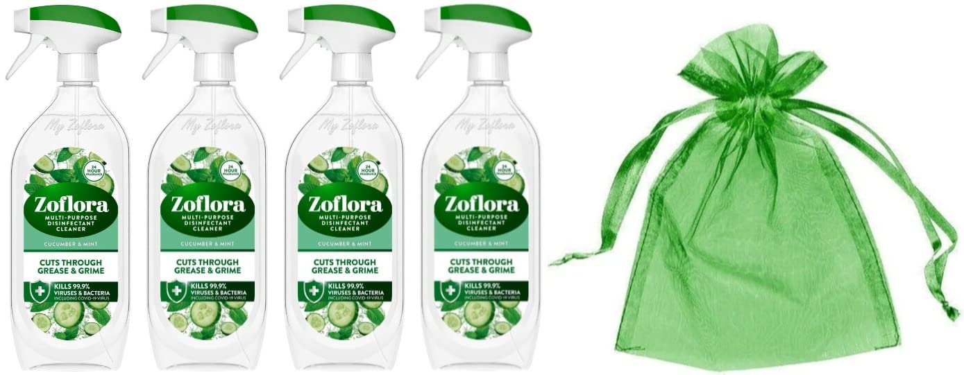 Zoflora Multi Purpose Disinfectant Cleaner Trigger Spray, Cuts Through Grease and Grime, Pack of Four, 4 x 800 ml, Cucumber & Mint Scent + Our Gift for You - Organza Bag Size 9 x 7 x 0.1 cm