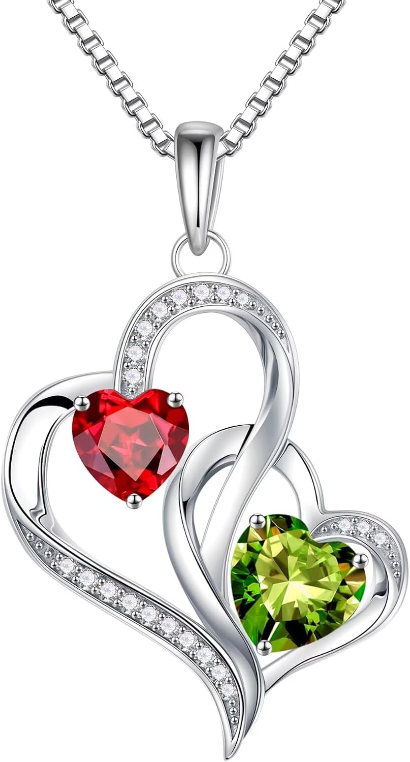 Iefil Mothers Day Gifts for Wife Mom - 925 Sterling Silver Double Birthstone Heart Necklace | Birthday Mothers Day Gifts for Mom Daughter | Jewelry Gift for Wife Girlfriend