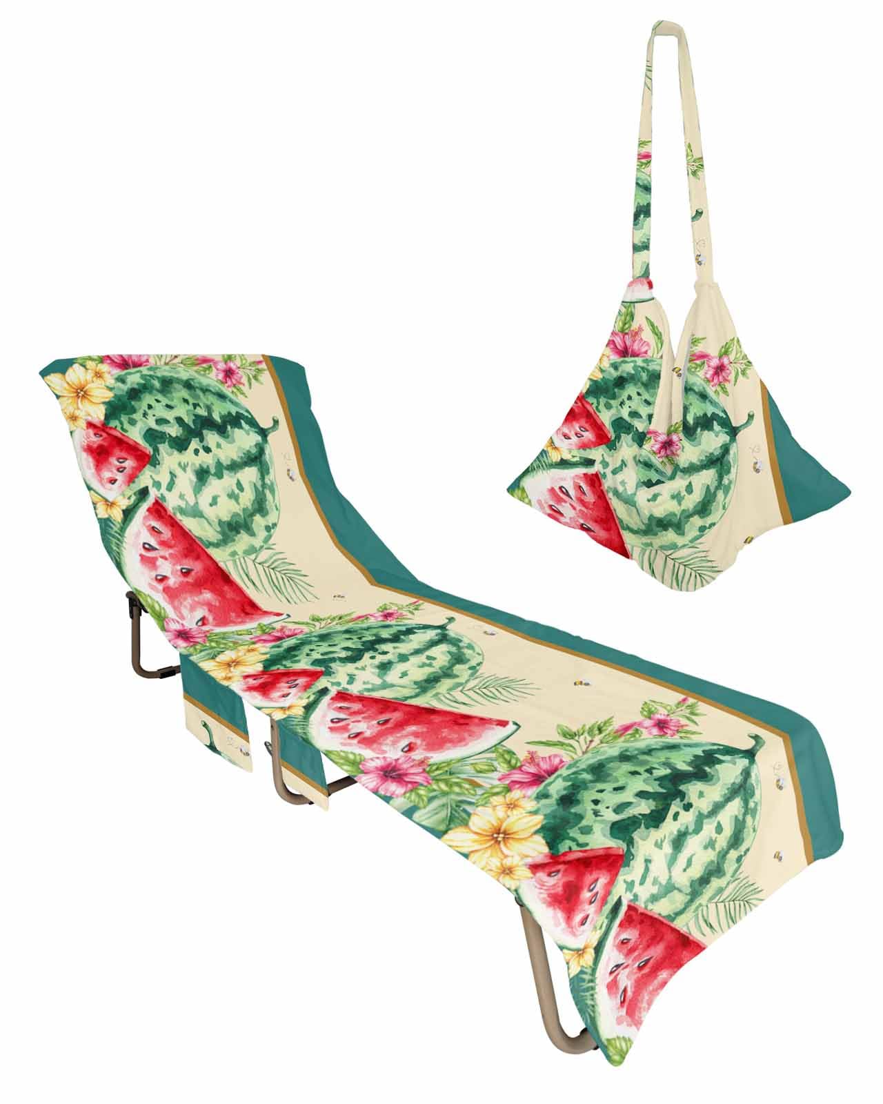 Watermelon Beach Chair Towel Covers for Chaise Lounge with Side Pocket, Soft Plush Pool Towels Cover for Patio Sunbathing Outdoor 29''x85'' Summer Green Tropical Palm Leaves Floral