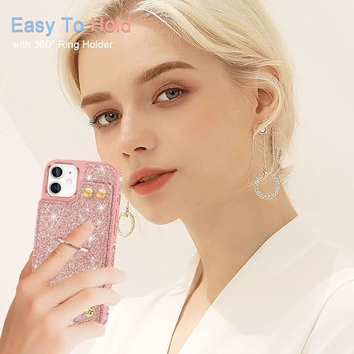 Miniatura 7 de Fingic Funda para iPhone 14, iPhone 13 con soporte de anillo de 360, con 1 protector de pantalla, 5 tarjeteros, con purpurina brillante y bloqueo