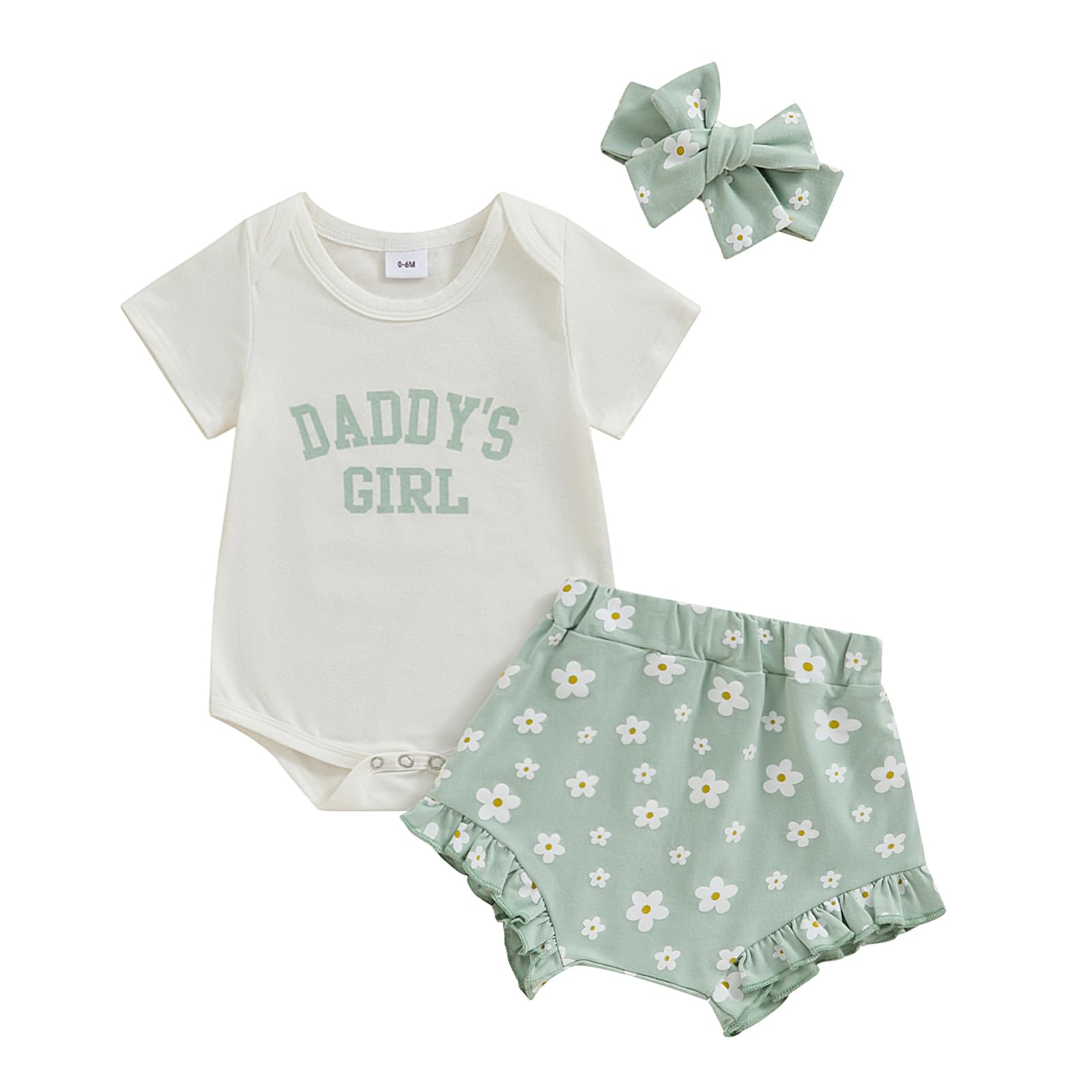 Newborn Baby Girl Clothes Daddys Girl Short Sleeve Romper Daisy Ruffle Shorts Headband 3Pcs Summer Outfit 0-18M (Green, 6-12 Months)