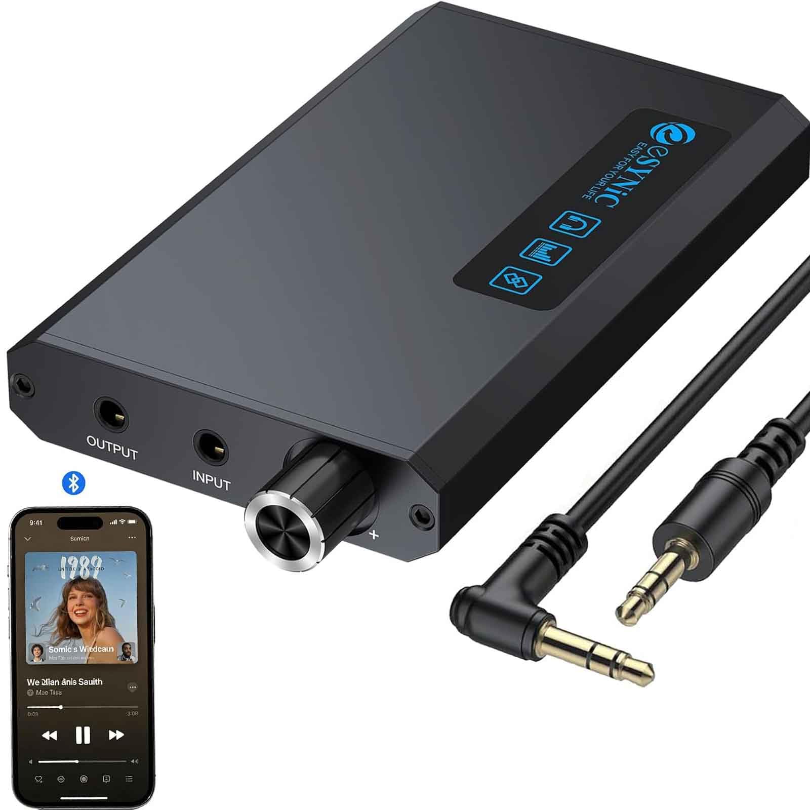eSynic Amplificador HiFi para Auriculares con Receptor Bluetooth 5.1, Impedancia 16-300Ω, 2 Niveles de Ganancia, Batería Recargable de 1500mAh con Cable USB-C y Cable de Audio para MP3 Smartphone