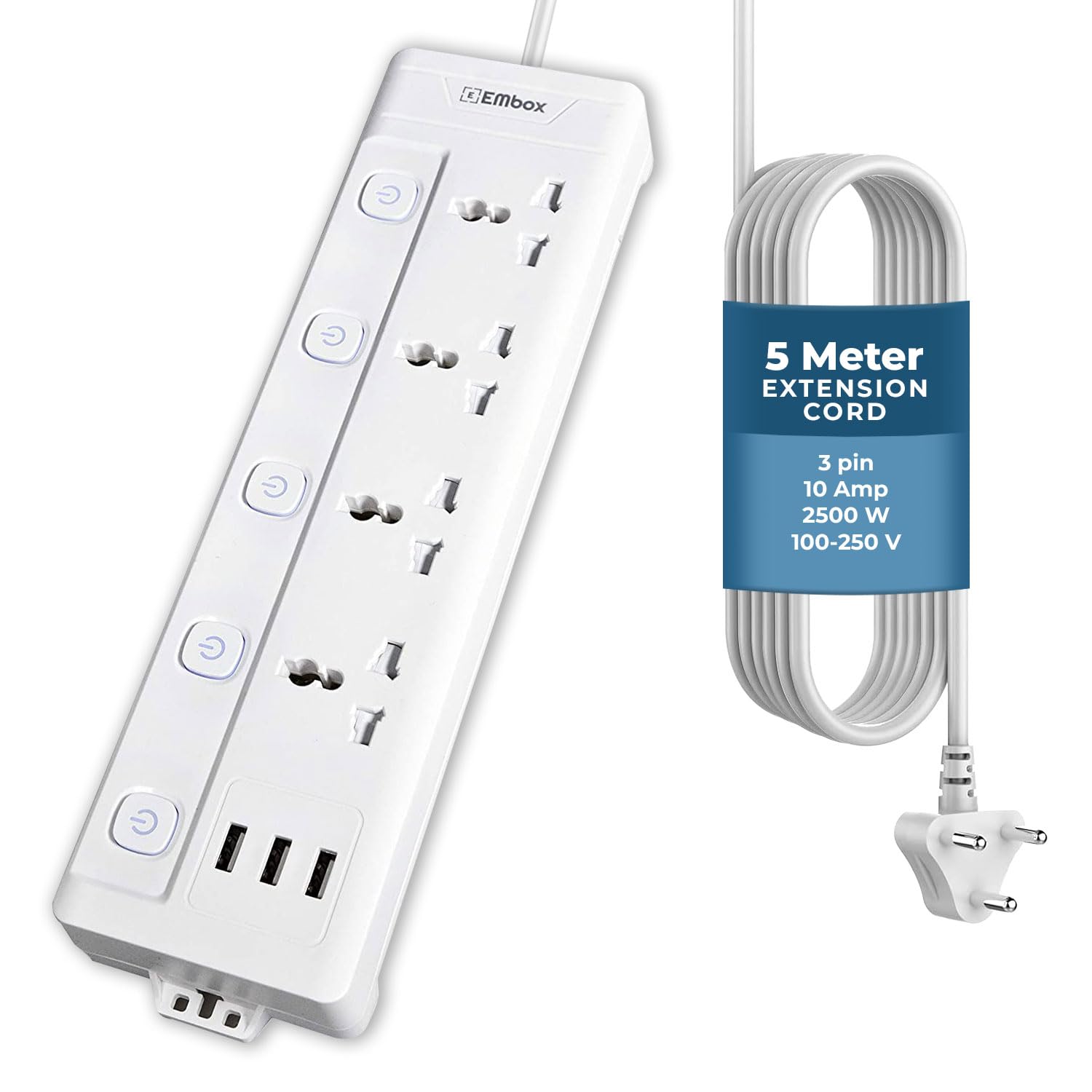 EMBOX 10A Extension Board with USB Port- 4 Universal Sockets and 3 USB (2.4 A) Charging Ports with Indicator, 2500W Heavy Duty Cable, 250 Volts (5 Meter Cable) (B0C6QBH65H) Amazon Price History, Amazon Price Tracker