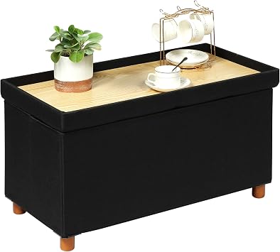 PINPLUS Storage Ottoman Cube, White Linen Footrest with Wooden Legs, Foldable Fabric Footrest, Comfortable Seat with Lid, Ottoman with Storage for Living Room, 30" x 15" x 15",Black