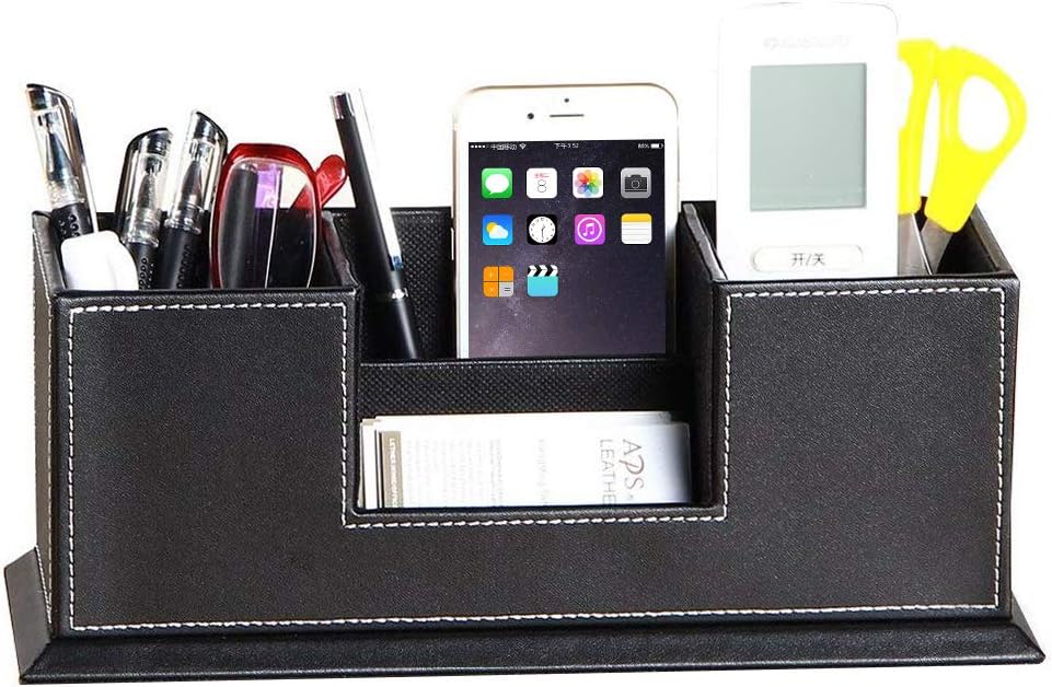 PUSU Leather Cute Pen Organizer,Pencil Holder,Pen Cup/Stand/Tray/Container/Caddy,desk organizers and accessories,Office Supplies Desktop Storage Box for Stationery,Business Card,Phone,etc.… (black) : Office Products