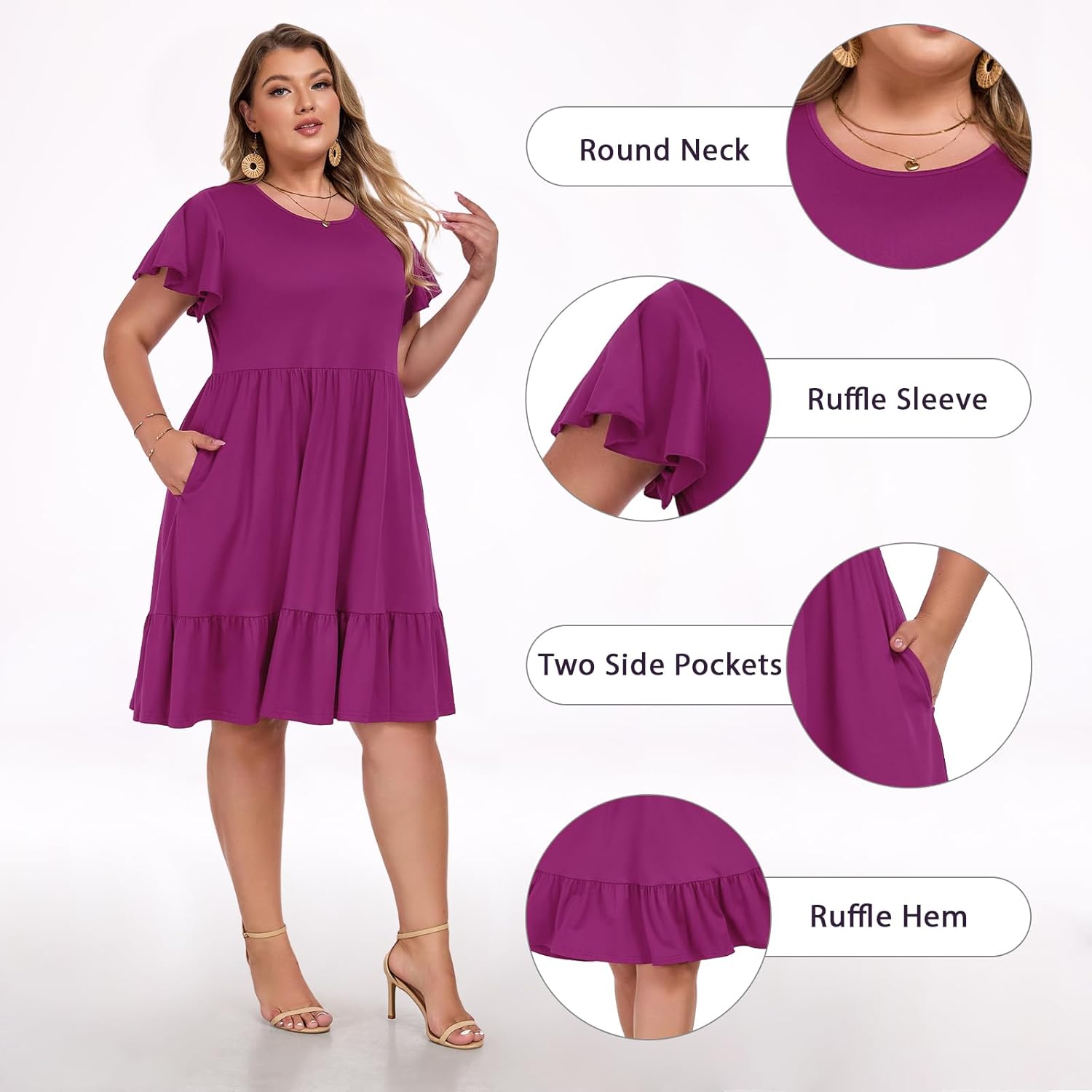 Women's Plus Size Casual Dress Crew Neck Ruffle Floral Short Sleeve Summer Midi Dresses with Pockets - Image 5