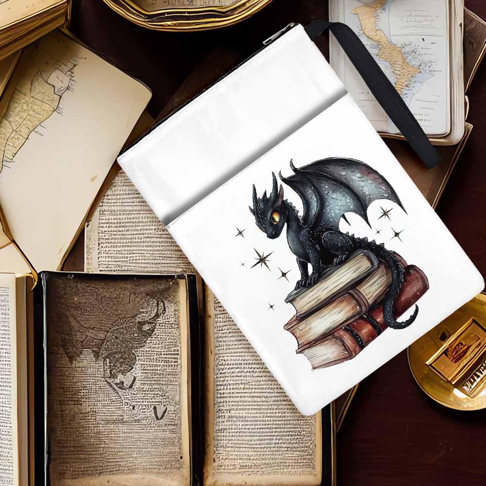 1 copertina per libri con drago, 34 x 24 cm, in poliestere, con chiusura lampo e tasca frontale, regalo di compleanno, per studenti e amanti della lettura