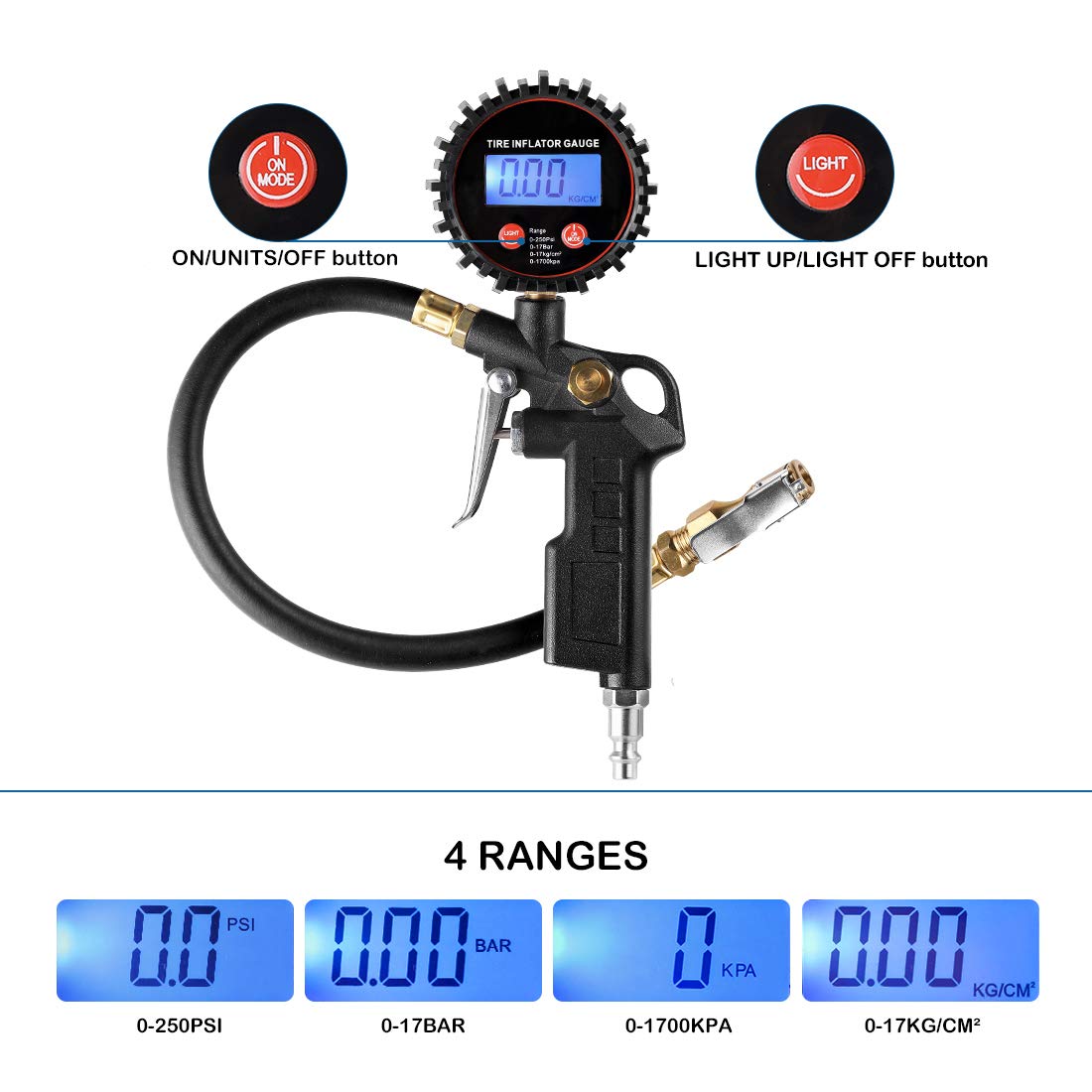 Manómetro Digital De Presión Para Neumáticos Oasser 0-18 Bar / 0-255 Psi - Portátil, Con Retroiluminación, Para Coche, Moto O Bici