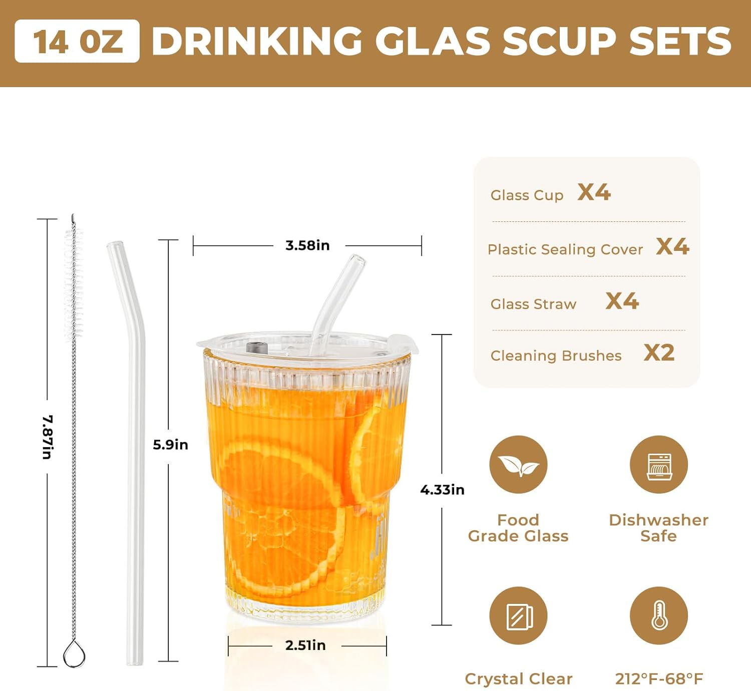 4 Pack 14oz Glass Cups with Lids and Straws Iced Coffee Cups Vintage Ribbed Glassware for Beer Ice Coffee Fruit Juice Elegant Aesthetic Cup Glass Iced Coffee Tumbler Include 2 Cleaning Brushes