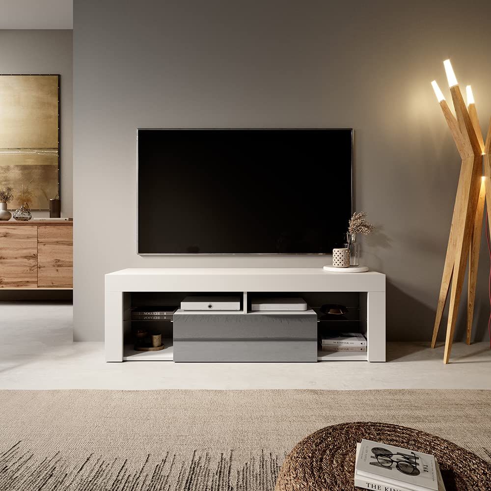 Selsey Bianko - Meuble TV/Banc TV 140 cm (Blanc/Gris)