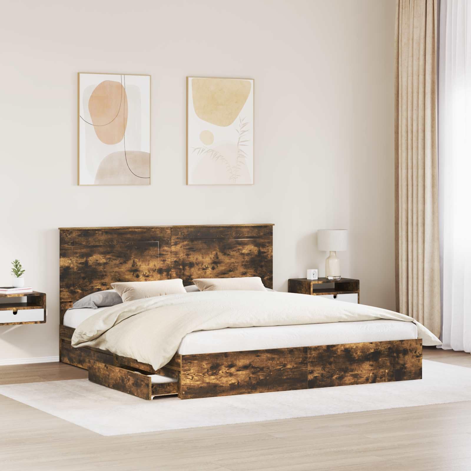 Łóżko z pojemnikiem nowoczesny design Dąb wędzony 180x200 cm Brązowy