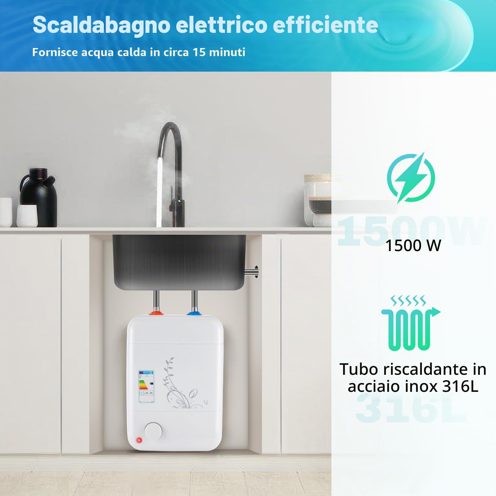 1500W Scaldabagno Elettrico Istantaneo Scaldacqua Elettrico Bollitore per Cucina Caldaia per Acqua Calda per Cucina, Bagno, Doccia per Cavalli