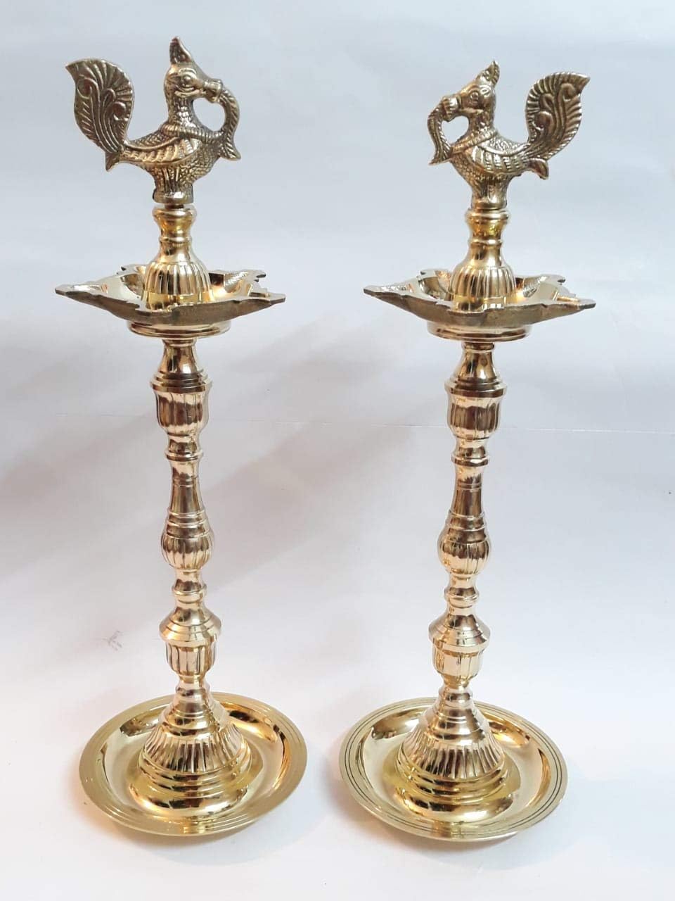 Brass Peacock Design Oil Lamp Kuthu Vilakku (Set of 2) 14 inches Height for Puja, Home Décor, Gift