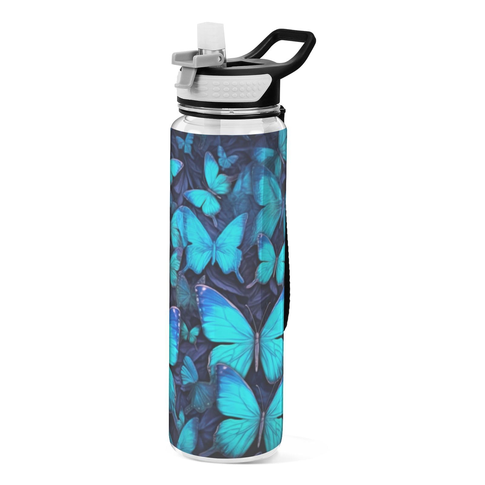FLildon Blue Butterflies Water Bottle with Straw Lid 32oz Leakproof Clear Gym Water Bottles for Women Men Outdoor Sport Drinking