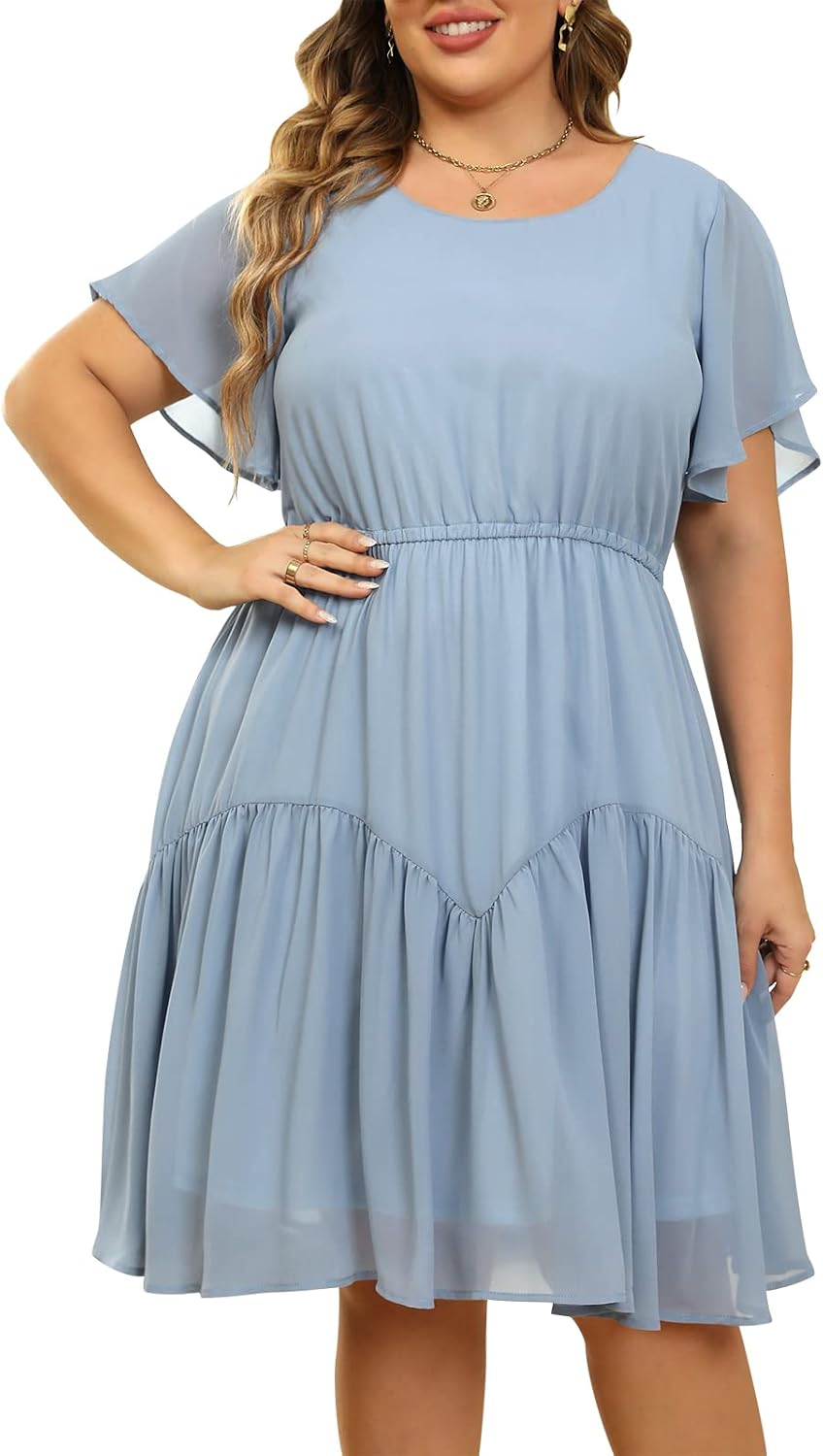 Nemidor Plus Size Summer Dresses for Curvy Women Casual Boho Midi Chiffon Print Floral Dress with Ruffle Sleeve 14-26