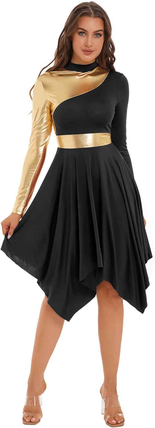 ranrann Women's Asymmetrical Praise Dance Costume Long Sleeve Color Block Worship Lyrical Dance Dress