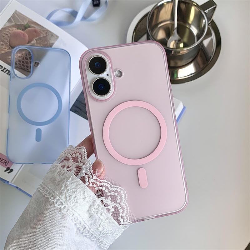 Image of DIZORO Matte Case for iPhone 16 Compatible with MagSafe, Camera Lens Full Protection, Shockproof Translucent Frosted TPU Soft Phone Cover, Anti-Fingerprint (Pink)
