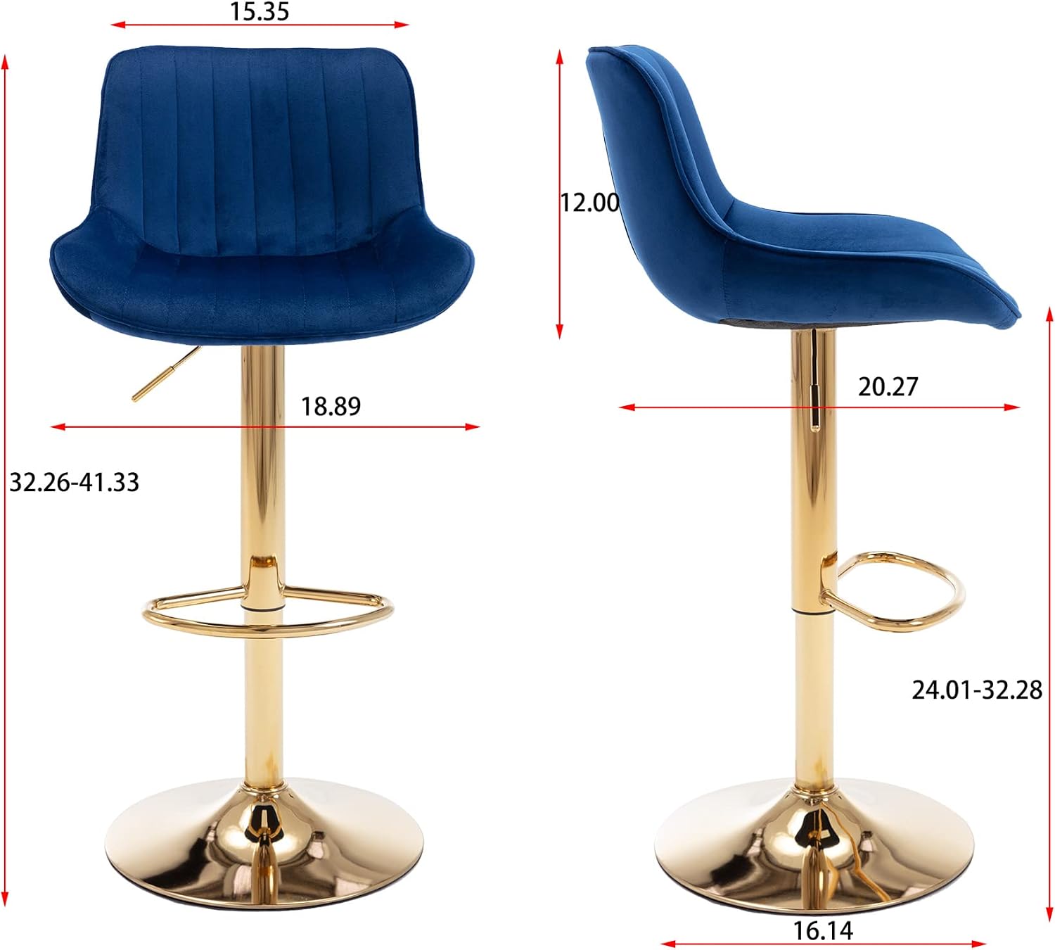 Bar Stools Set of 2, Black Chassis Adjustable Swivel Bar Stool, Mid Back Bar Chair,Kitchen Counter Stool (Velvet, No.2-Navy)