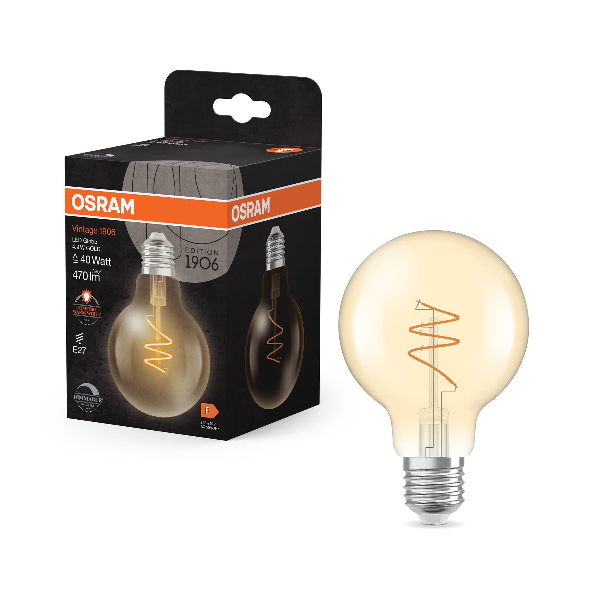 Osram Vintage 1906 Globe ist eine warmweiße, dimmbare LED-Lampe in Ballform mit spiralförmigem Filament. Sie bietet 4.9 W für 470 lm, E27 Fassung, goldfarbenes Glas, 80 mm Durchmesser, 2200 K.
