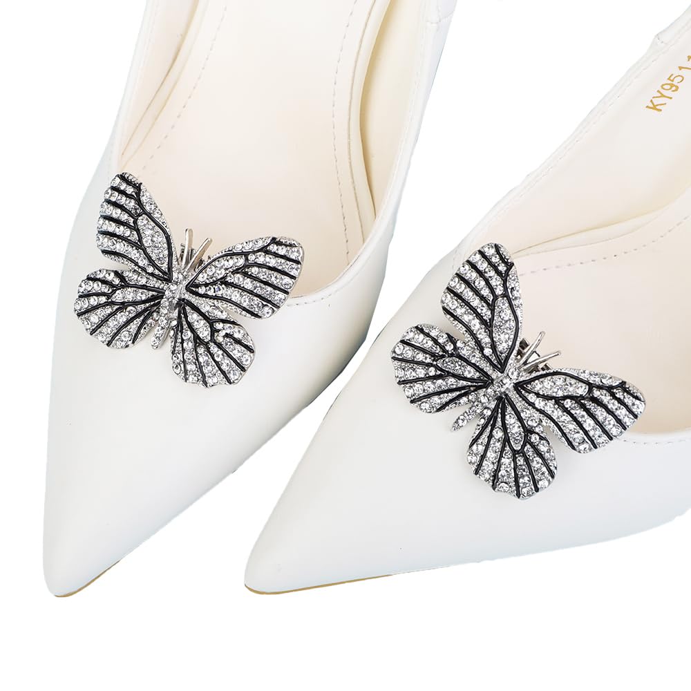 Chargances 2Pcs Rhinestones Butterfly Wedding Shoe Clips Sparkly Bridal Crystal Shoes Decoration Charms Removable Shoe Buckle for Women