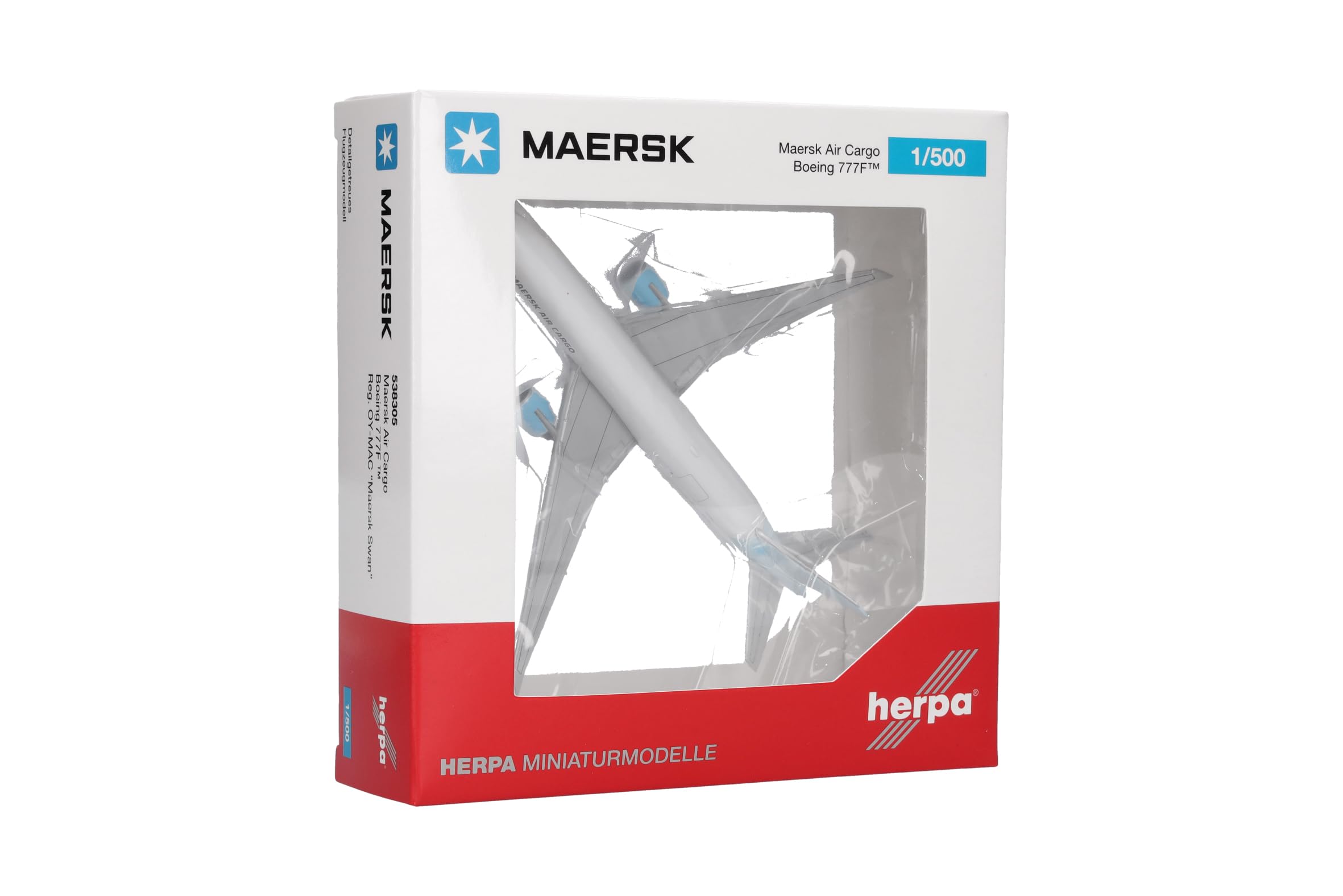 herpa Avion Miniature Maersk Air Cargo Boeing 777F - OY-Mac Maersk Swan, à l’échelle 1:500, Objet de Collection, modèle sans Socle, métal