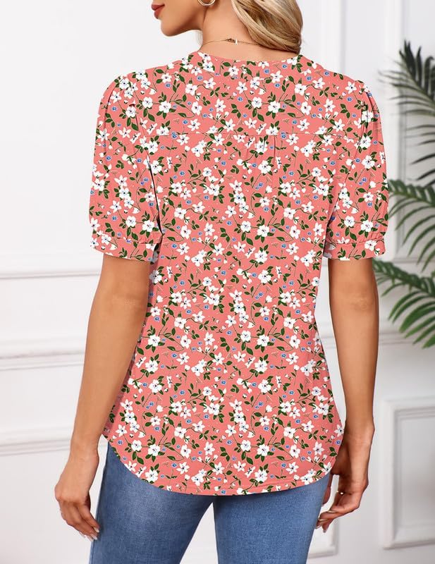 Womens Tops Puff Short Sleeve Shirts Dressy Casual Henley V-Neck Summer Tops Pleated Ladies Tunic Blouses 2026 - Image 5